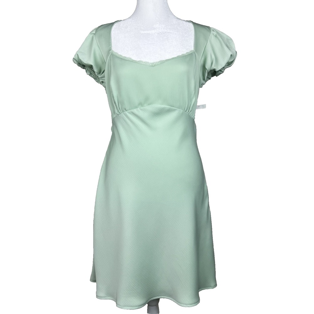All in Favor Mini Dress‎ Womens Medium Puff Sleeve Lace Cut-out Soft Green Party